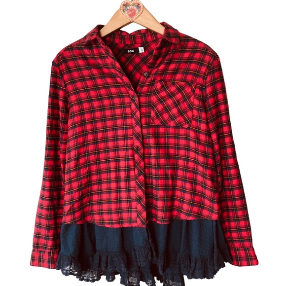 BDG Louie Flannel Plaid Lace Layered Red & Blue shacket XS - Picture 2 of 11